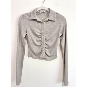 Reformation Women Long Sleeve Button Crop Top XS Gray Preppy Academia Minimalist